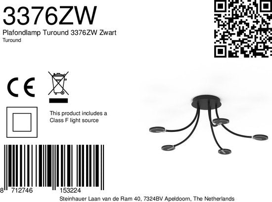 Plafonnier Turound 3376ZW Noir - Orientable et inclinable, en verre et métal, Ø 91,5 cm, Steinhauer