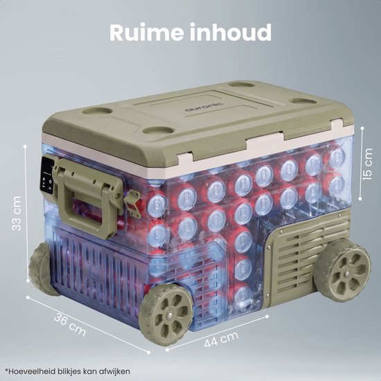 Auronic Electric Cool Box - Compresseur - 64L - 12V et 240 volts - Réfrigérateur de camping - Frigobox Car - Avec roues et poignée - Vert