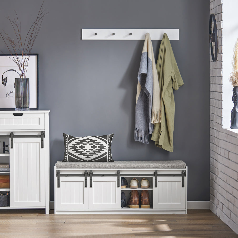 SoBuy FSR133-W Meuble à chaussures Meuble à chaussures Meuble d'entrée Meuble de rangement bas Meuble de rangement Meuble de rangement avec 1 coussin rembourré et 3 portes-fenêtres