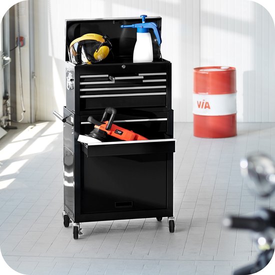 tectake® Chariot d'atelier avec support de valise - Chariot à outils verrouillable avec 10 compartiments - Établi mobile en acier - Roues avec frein - Chariot à outils vide, armoire à outils - Noir