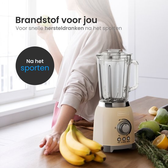 KitchenApp Retro Blender 1.5L - Cruche en verre - 800W - Glace pilée, Smoothie & Pulse - Beige