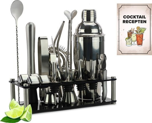 KitchenBrothers Set de cocktails avec shaker - 24 pièces - Set complet - Emballage cadeau - Noir/Acrylique