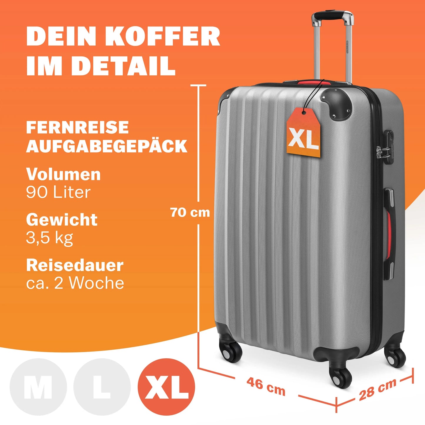 Valise rigide XL - 90 L - Roulettes à 360° - ABS - Argent