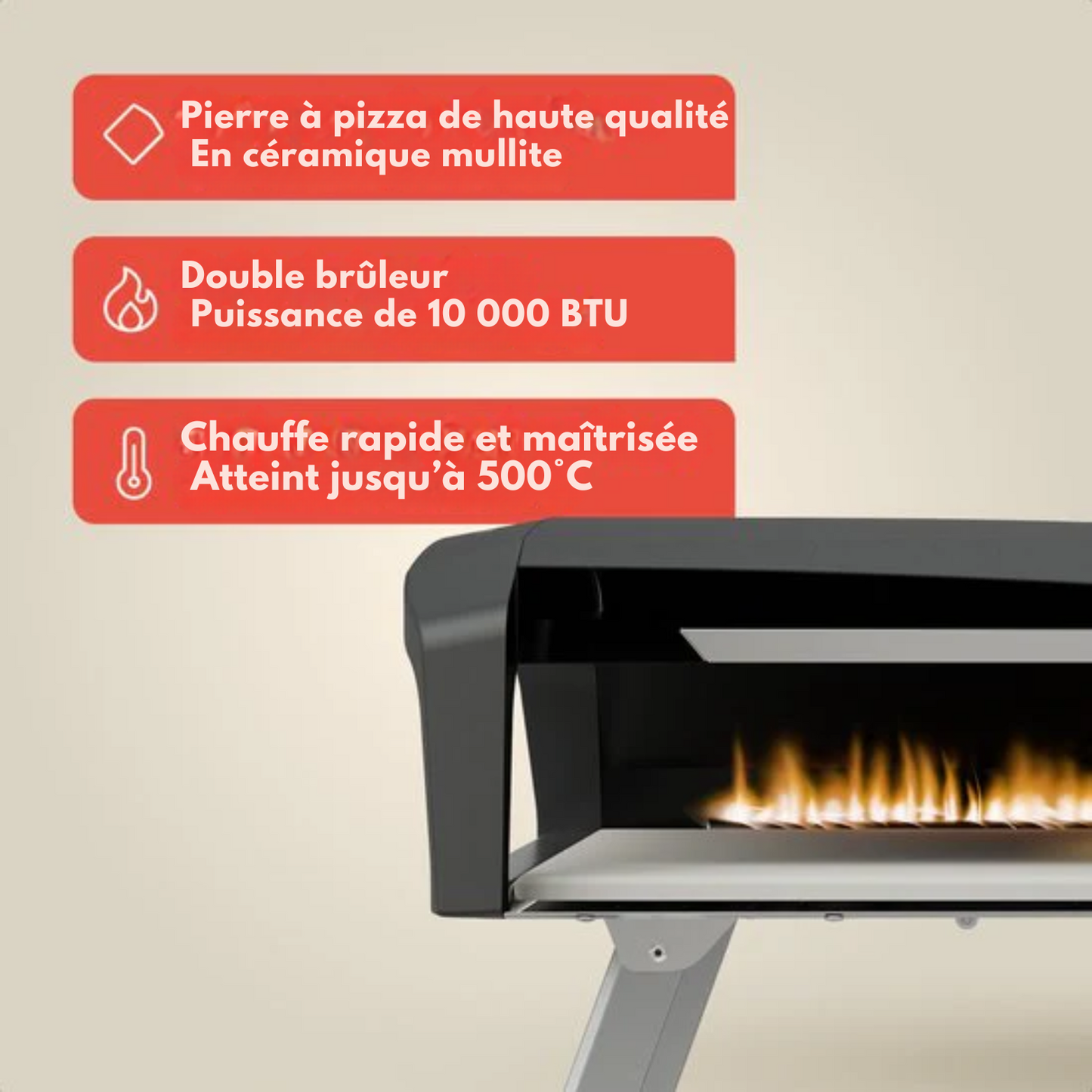 Four à Pizza - KitchenBrothers - Gaz - Pliable - Pierre à Pizza - Double Brûleur - Four pour l'extérieur - Noir/Gris