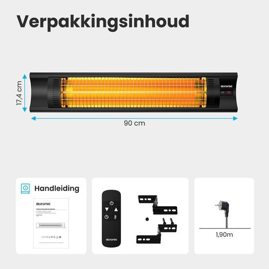 Auronic Chauffage de terrasse - Infrarouge - Chauffage - Électrique - 2500W - Télécommande - 4 niveaux - Noir