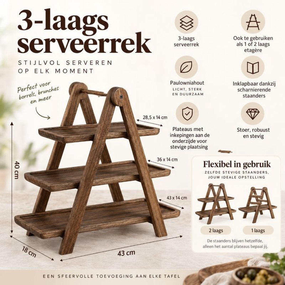 Ceruzo : présentoir en bois à 3 étages – étagère pliable – 43 x 18 x 40 cm