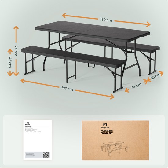 LifeGoods Set de pique-nique pliable - 180cm x 74cm - Table de jardin avec 2 bancs - Résistant aux intempéries - Table de camping - Table à bière pliable - Pour l'intérieur et l'extérieur - Pour 6 à 8 personnes - Rotin Noir