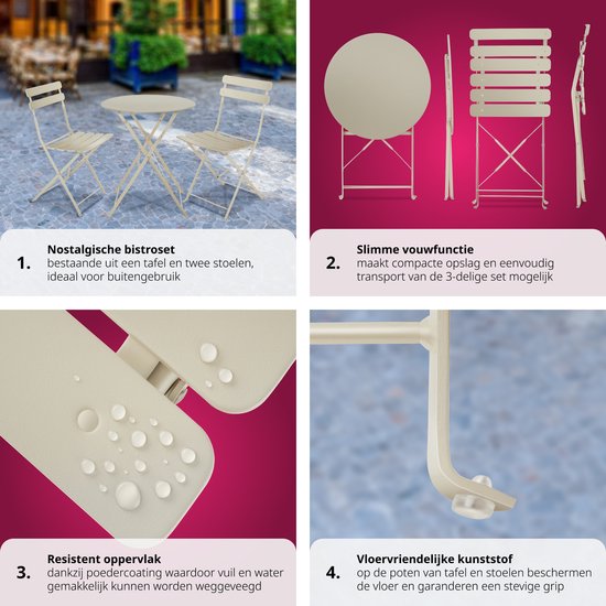 tectake® - Ensemble bistro pliant pour 2 avec structure en acier, table et chaises de jardin - Pour balcon et terrasse - Ensemble extérieur - Ensemble de jardin - Table et chaises pliantes - design élégant - crème