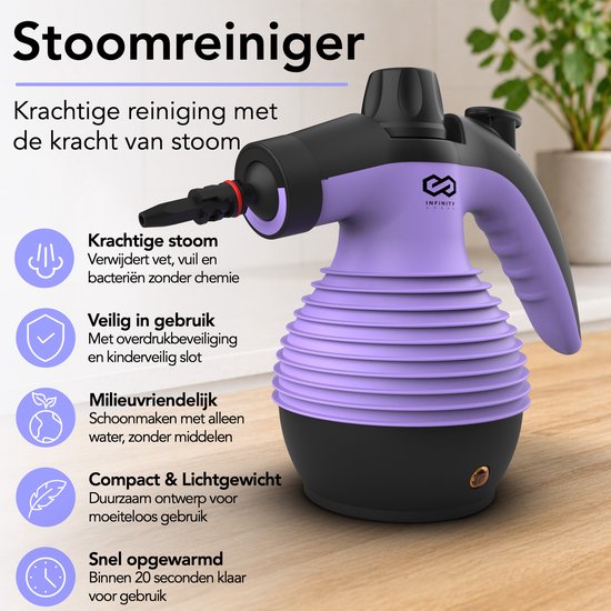 Nettoyeur vapeur Infinity Goods - Nettoyeur vapeur à main 12-en-1 - Nettoyeur vapeur portable - Détachant - Nettoyeur de tapis - 10 embouts - 1 050 watts - 3,2 bars - Violet