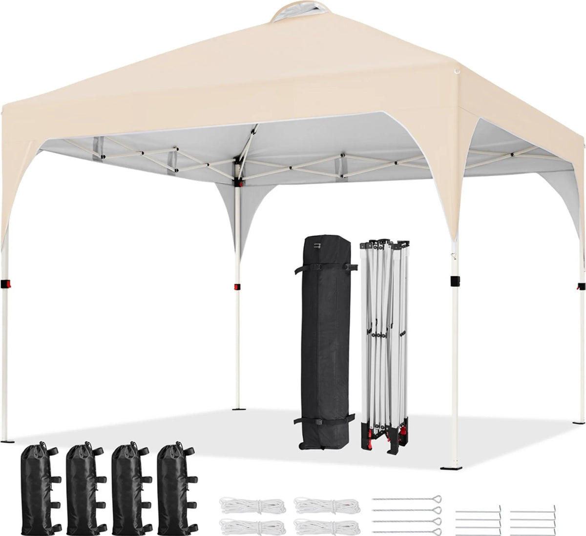 Pavillon pop-up Yaheetech 3 × 3 m, hauteur réglable, avec sac à roulettes, sacs de sable et piquets, beige
