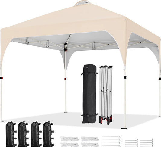 Pavillon pop-up Yaheetech 3 × 3 m, hauteur réglable, avec sac à roulettes, sacs de sable et piquets, beige