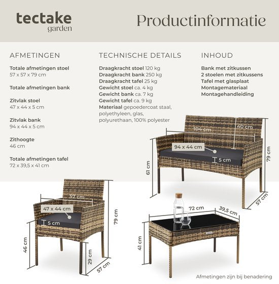 tectake® - Ensemble de jardin en osier Palese - Groupe de sièges pour 4 personnes - Ensemble de meubles de jardin avec banc de salon, table de jardin et 2 chaises de jardin, y compris les coussins d'assise - Meubles de jardin - Résistant à l'eau - Gris
