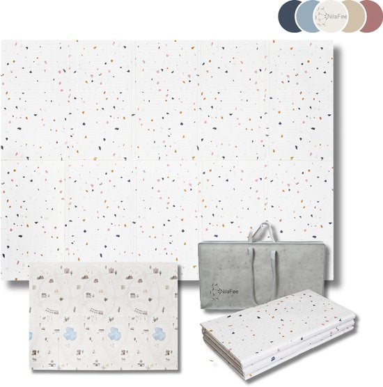 NilaFee® - Tapis de jeu pour bébé - Tapis de jeu - Antidérapant - Pliable - Sac de rangement - 150 x 190 x 1 cm - XPE - Hydrofuge - Voiture - Train - Terrazo White