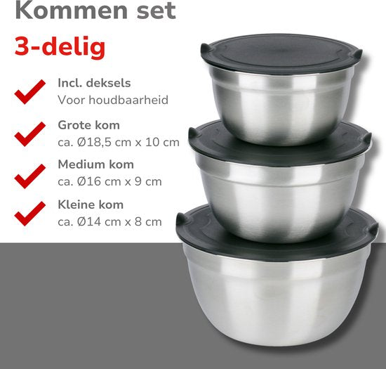 Ensemble de 3 bols en inox Alpina avec couvercle - Bol à salade - Bol à pâte avec couvercle - Bols pour mélanger et conserver - Bol à snacks