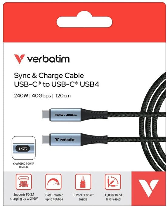 Câble Verbatim Sync & Charge USB-C vers USB-C 40 Gb/s 240 W pour téléphones