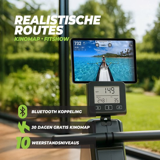 Rameur VirtuFit ROW200i - Pliable - 10 niveaux de résistance - Silencieux - Kinomap & FitShow - Écran LCD avec support pour tablette - Rameur d'intérieur - Rameur (ROW450)