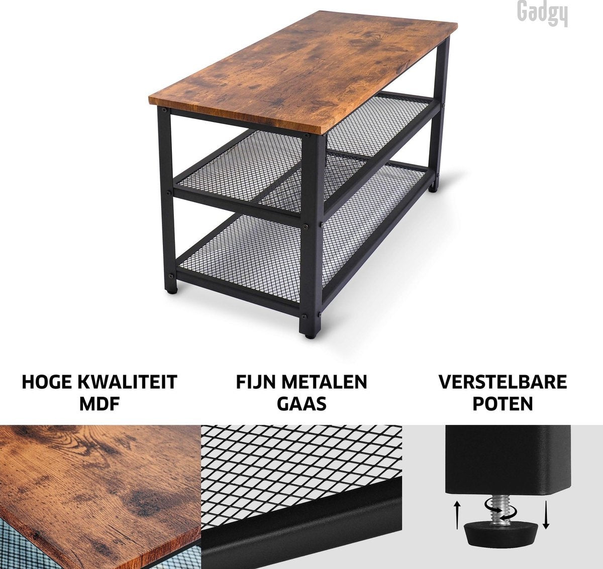 Gadgy Schoenenrek met bankje - 6 tot 9 Paar Schoenen - Schoenenkast bankje - Schoenenbank Industrieel - Handig schoenen opbergen - Bijzettafel Metaal met Hout