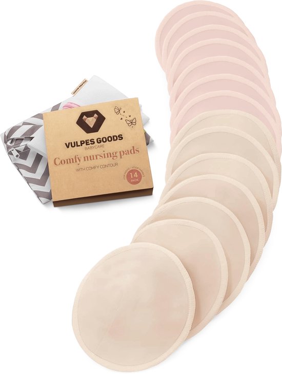 Vulpes Goods® BabyCare - Coussinets d'allaitement lavables - Bio - 14 coussinets - Coupe B à D - Lavables - Naturels - Respectueux de l'environnement - Sac de lavage et pochette de rangement inclus