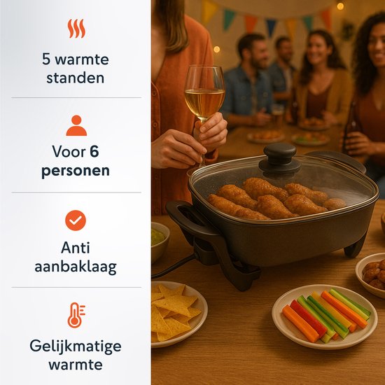 Poêle à frire électrique avec couvercle - Poêle à frire - Party - Grill - Snack - Saute - Poêle - Induction - Poêle à frire - Skoov