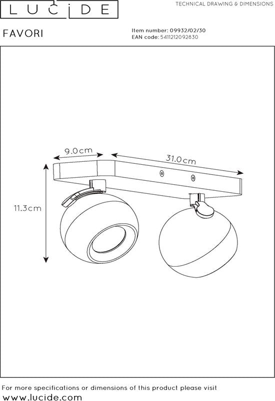 Lucide FAVORI - Spot de plafond (lampe de plafond) - 2xGU10 - Noir