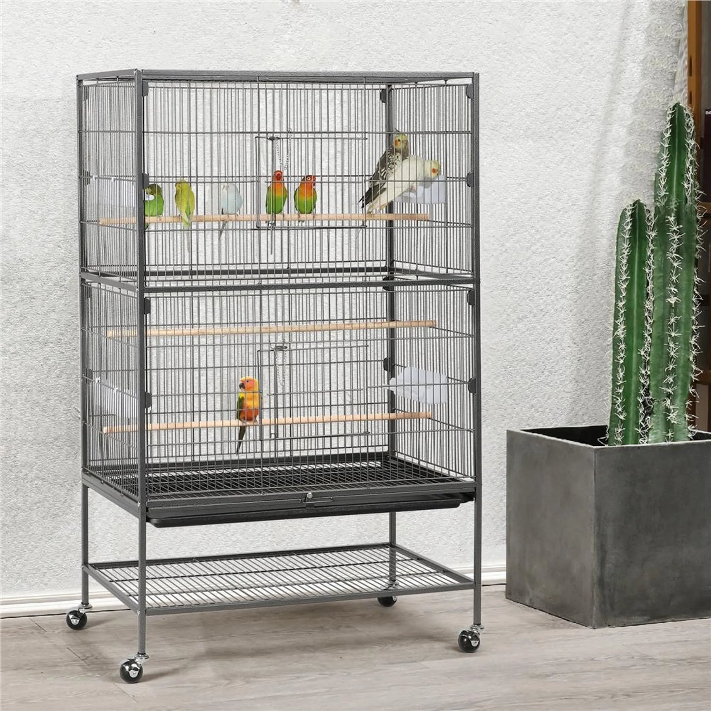 Yaheetech Cage à oiseaux XXL avec base mobile - équipée d'une porte sécurisée, d'une étagère de rangement et de 3 perchoirs en bois - pour perroquets et cacatoès - métal noir - 79 x 52 x 132 cm
