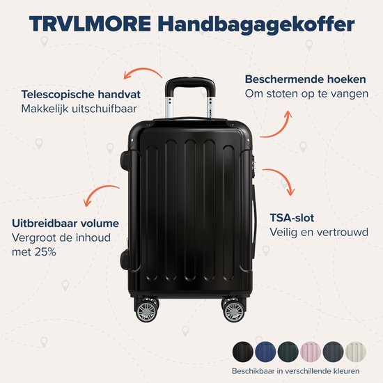 TRVLMORE Valise à main - 45L - Serrure TSA - Léger - Extensible - Trolley - 54x36x22cm - Noir