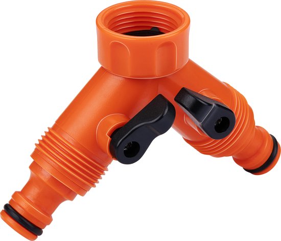 BLACK+DECKER Double Tap Fitting Garden Hose - Raccord pour tuyau d'arrosage - Raccords de robinet 3/4" - Butée d'eau intégrée - Régulation du débit d'eau - Plastique - Orange/Noir