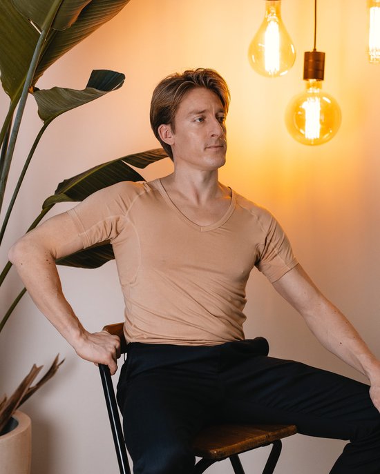 Anti Sweat Shirt - Fibershirts® - Coussinets d'aisselles cousus - Maillot de corps - beige - Col en V - Hommes - Taille M