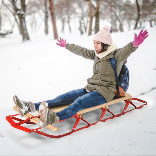 Coast Wooden and Steel Sled with Skates and Handlebar - 137x58x16 cm - Couleur rouge et bois - Pour adultes et enfants à partir de 5 ans - Capacité de charge maximale de 150 kg