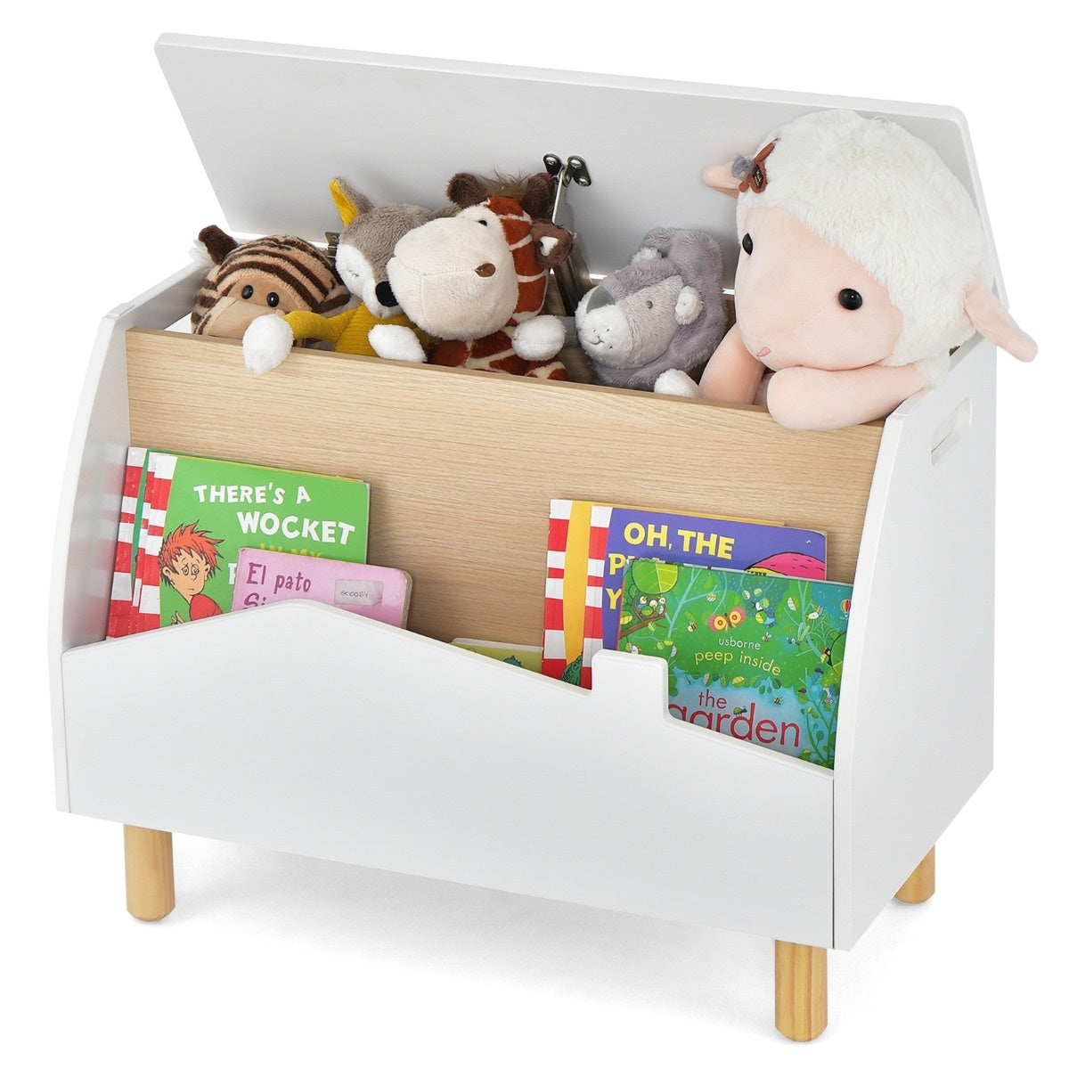 Coffre à jouets en bois avec étagère Coffre à jouets avec couvercle rabattable 60 x 30 x 44 cm blanc