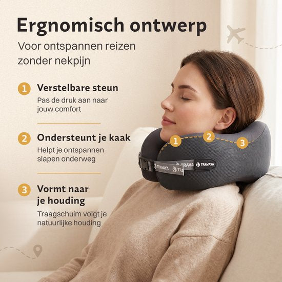 TRAVARA Oreiller cervical « The Daydreamer » - Oreiller de voyage en mousse à mémoire de forme « Duo Density » - Pour l'avion et la voiture - Mousse à mémoire de forme - Gris foncé