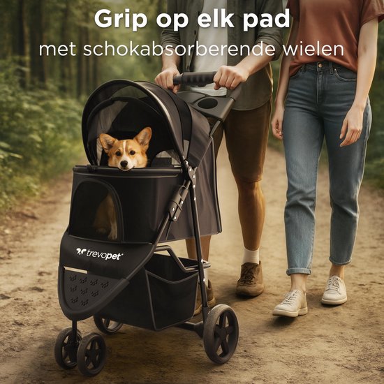 TrevoPet® Buggy pour chien pliable - pour petits et moyens chiens jusqu'à 15 kg - hydrofuge avec porte-gobelet, panier de rangement - noir