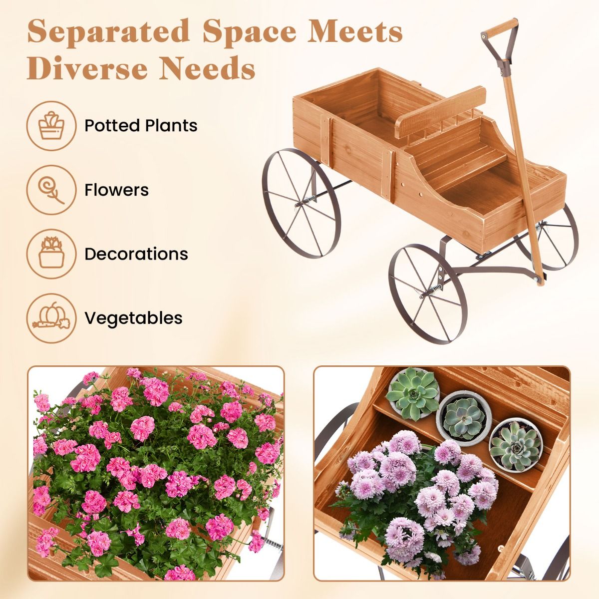 Coast Wooden Plant Trolley with 2 Sections and Wheels - 62x34x61 cm - Orange