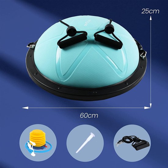 Ballon d'équilibre DH FitLife, accessoire d'équilibre pour le yoga, diamètre de 60 x 22 cm, charge maximale de 200 kg, demi-ballon de gymnastique, planche d'équilibre de fitness, planche d'équilibre avec pompe et 2 bandes de fitness