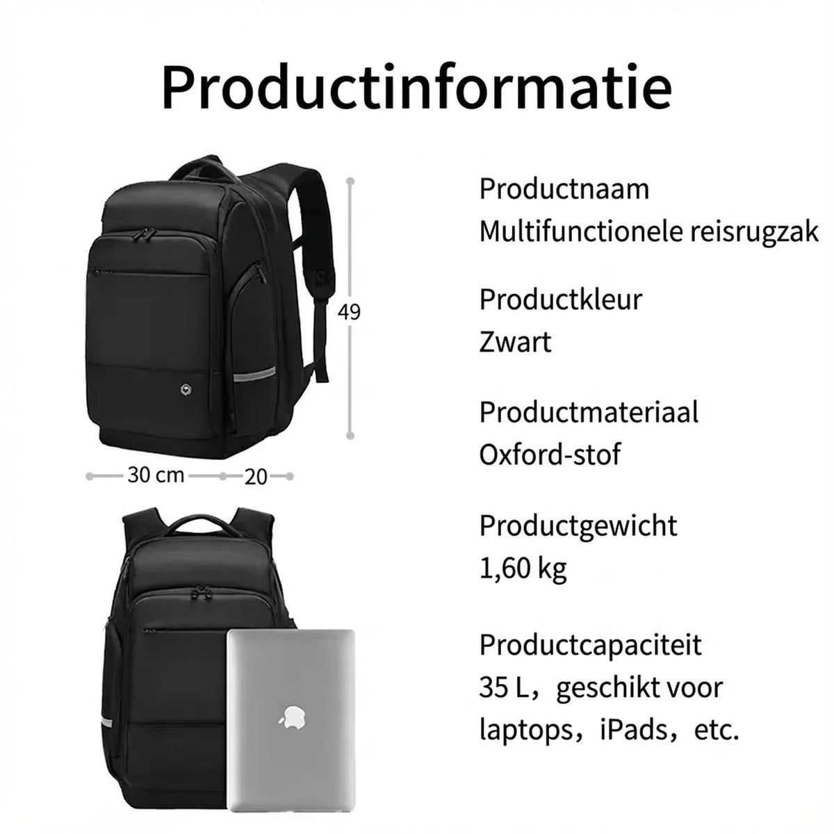 Sac à dos de sport Ochama TANK 35 litres - Sac à dos spacieux pour la salle de sport et les voyages - Noir