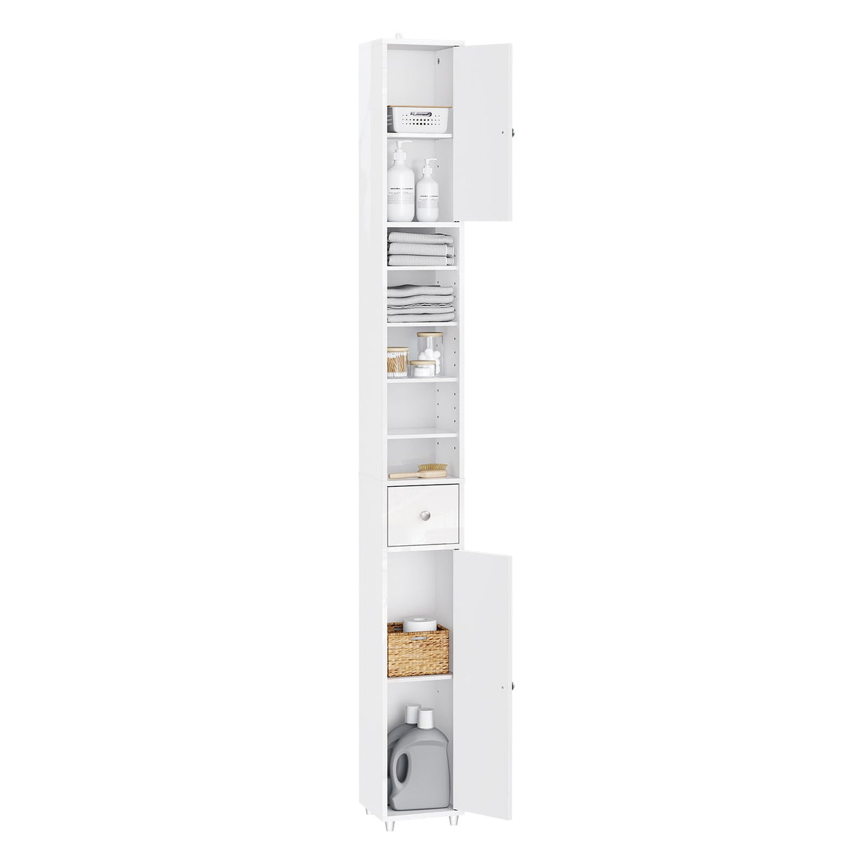 SoBuy Meuble de salle de bain haut avec tiroir et portes - Blanc brillant - 20x20x180 cm
