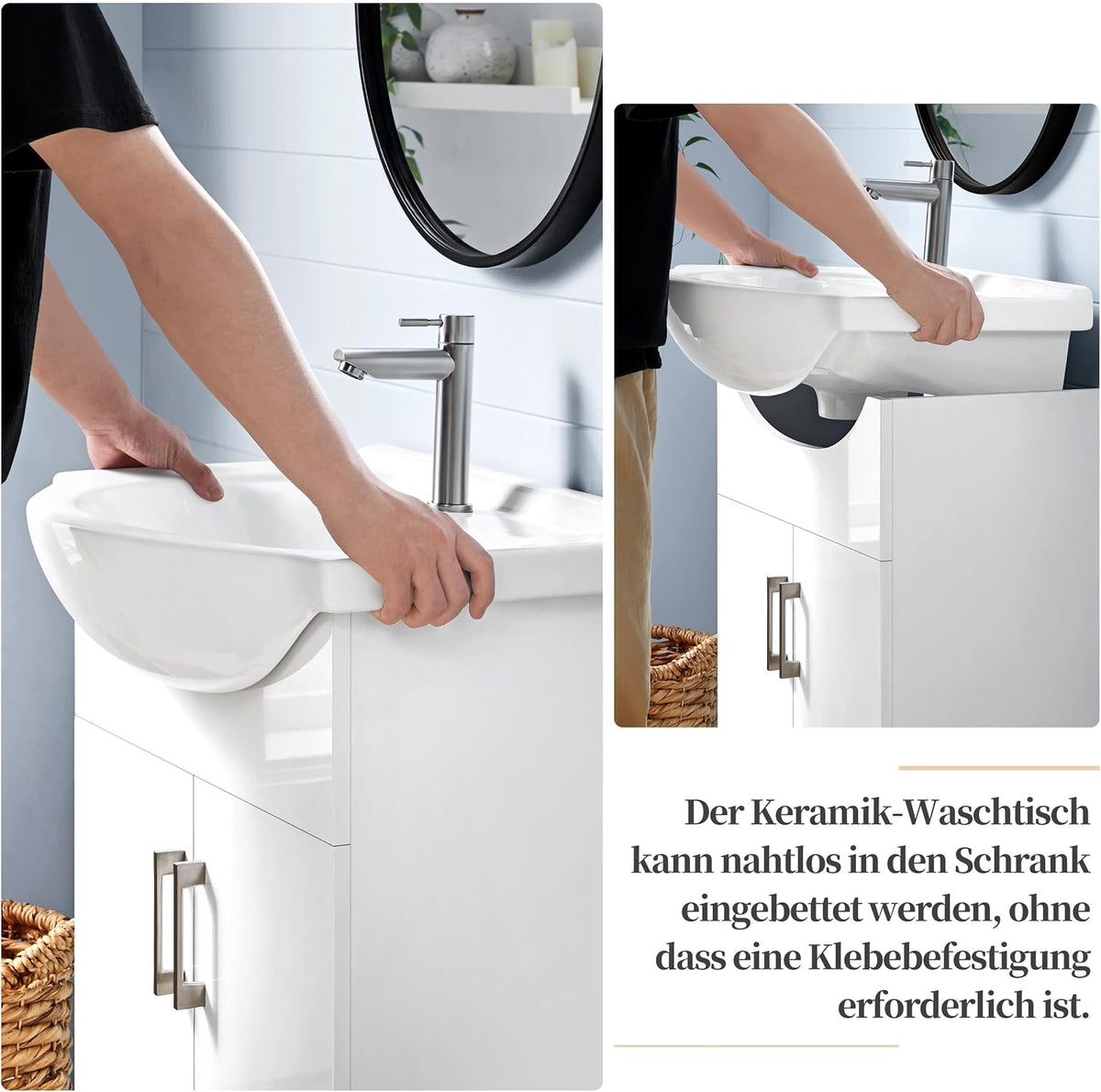 Meuble de salle de bains Yaheetech avec lavabo - Blanc brillant - 61 x 43,5 x 84 cm - Meuble indépendant, lavabo en céramique