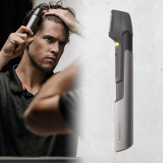 Mediashop Micro Touch Titanium Trim - tondeuse avec lames en acier inoxydable - coupe, rasage et coiffage - tondeuse pour cheveux, visage et corps - 5 embouts - tondeuse - recommandée par Dominic Thiem
