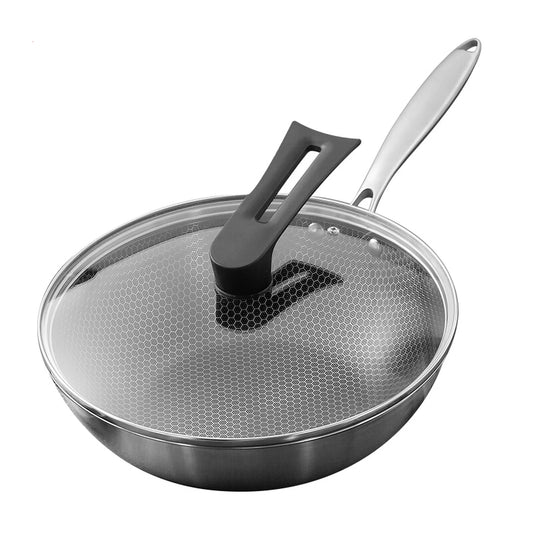 Wok Ochama 30 cm avec couvercle - Acier inoxydable, revêtement antiadhésif en nid d'abeille sans téflon - Compatible avec les plaques à induction, à gaz et électriques