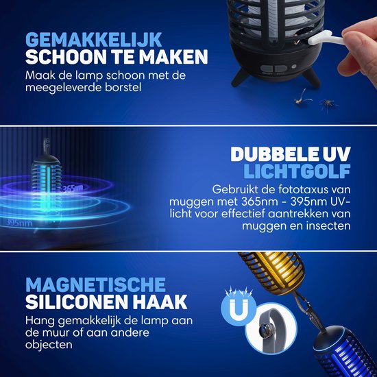 Vulpes Goods® Repellent - Mosquito lamp Rechargeable - Electric Insect Killer - Fly lamp - Insect lamp - UV mode & Night light - Suspendable - Waterproof - Incl. collection tray & cleaning brush