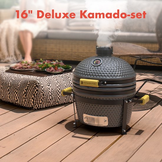 KitchenBrothers Kamado BBQ - 16 Inch Charcoal Barbecue - 34⌀ cm - PFAS-free - Deluxe Set - Egg BBQ with Accessories - Grey