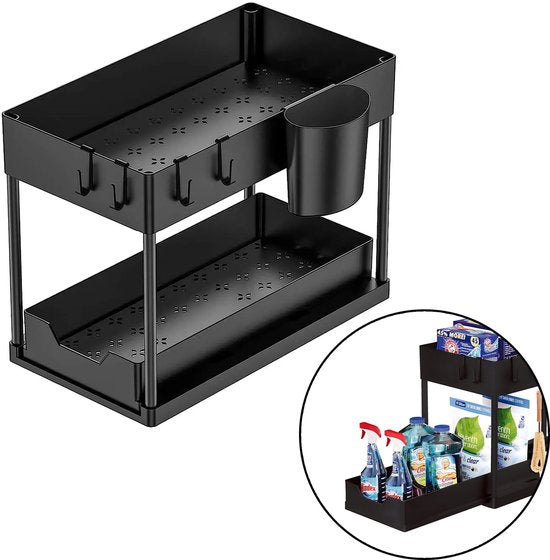 Nexxt Kitchen Cabinet Organiser - 2 Layers - Rack with Pull-out Drawer - Includes Hooks and Trays - Sink Organiser - Black