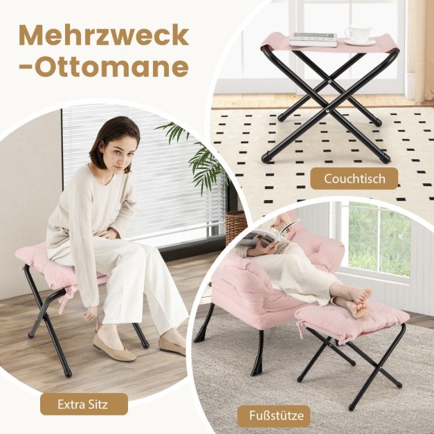 Fauteuil de détente Coast rose avec accoudoirs, coussin d'appui-tête et poche latérale – Fauteuil de détente avec repose-pieds en option – Sherpa – Rose