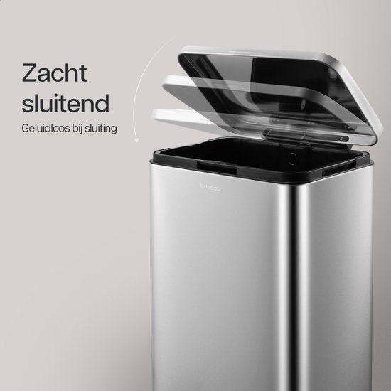 Deleca Trashcan Prestige - 50 Litres - Large - Poubelle / Corbeille à papier / Poubelle à pédale en acier inoxydable - Avec pédale et fermeture lente - Argent mat
