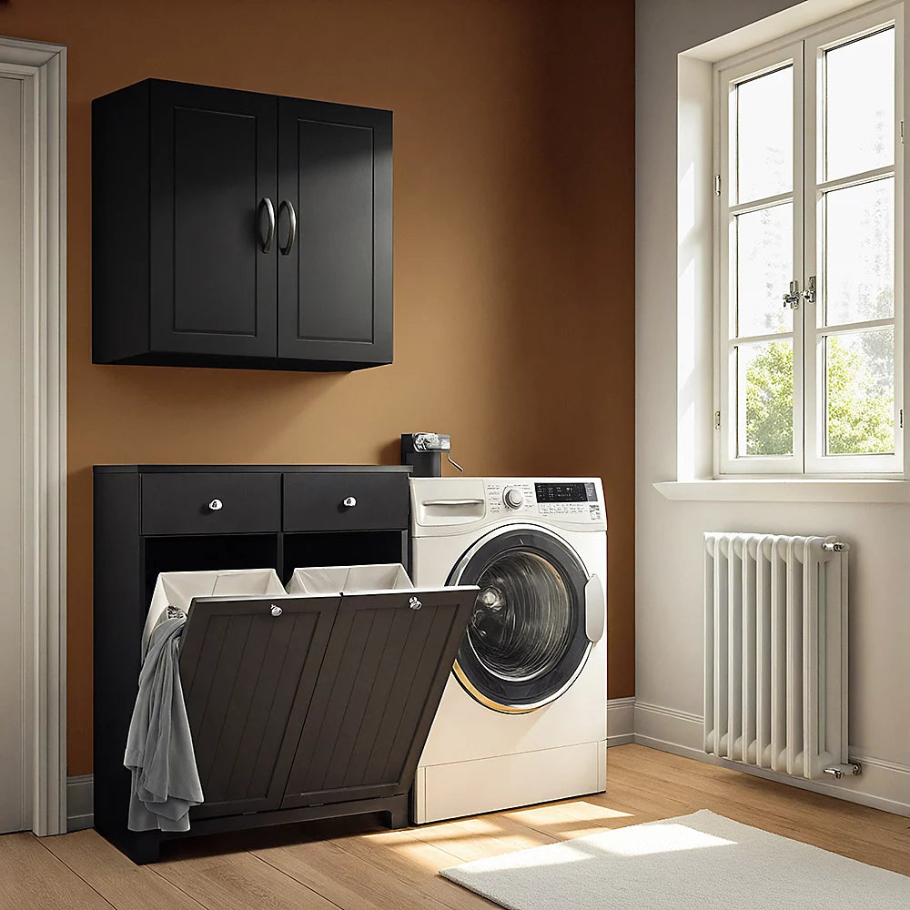 Armoire de salle de bains indépendante SoBuy avec panier à linge – Équipée de deux sacs à linge amovibles, de deux tiroirs et de quatre patins en silicone – Pour la salle de bains et la buanderie – MDF noir et tissu – 78 x 39 x 91 cm