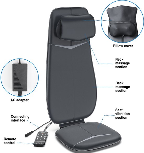 Coussin de massage shiatsu RENPHO - Massage complet du dos et de la nuque - Avec chaleur et vibrations - Zones et intensité réglables - Reconnaissance automatique de la hauteur - Convient à toute chaise - Idéal pour la maison ou le bureau