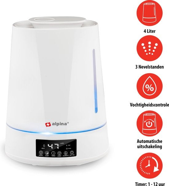 Humidificateur - Alpina - 4L - Diffuseur d'arômes avec minuterie - Télécommande - Blanc