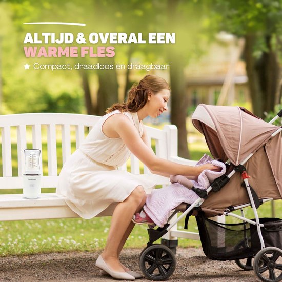 Vulpes Goods® BabyCare - Chauffe-biberon Pro Max- Chauffe-biberon portable pour les voyages - Chauffe-biberon intelligent - 4 niveaux de température - Sans fil - 6 adaptateurs inclus - Rechargeable par USB - 13 200 mAh - Blanc