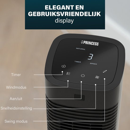 Ventilateur colonne intelligent 80 cm – Application et télécommande – Minuterie – Économe en énergie – Princess 358230 – Noir