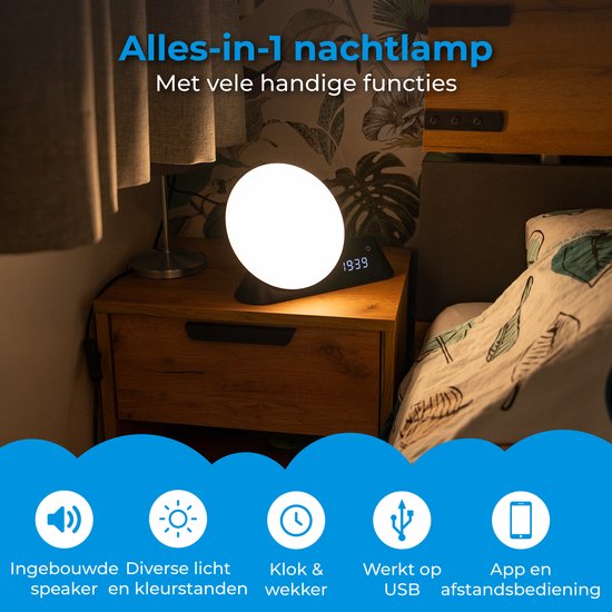 Nuvance Lumière de réveil - Réveil numérique - Veilleuse - Chambre à coucher - Entraîneur de sommeil - avec sons - Haut-parleur - Commande vocale
